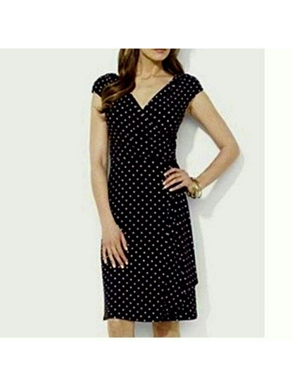 LAUREN RALPH LAUREN BLACK WHITE POLKA DOT FAUX WRAP CAP SLEEVE DRESS SIZE 12 EUC
